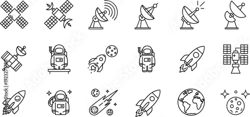 Space exploration outline icon set featuring satellites, astronauts, rockets, planets, Earth, and cosmic objects designed for science, astronomy, technology, and futuristic interface projects