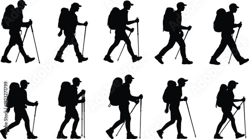 Hiking backpacker silhouettes set, walking with trekking poles, isolated on white background, outdoor adventure travel people collection