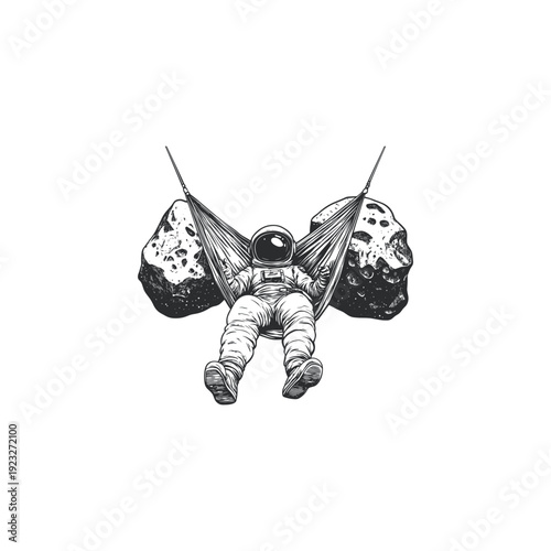 illustration of an astronaut relaxing in a hammock floating in outer space, surrounded by stars and asteroids