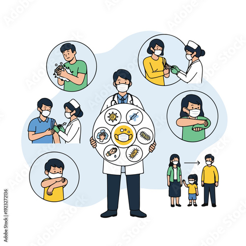 Doctor protecting people from various viruses and bacteria