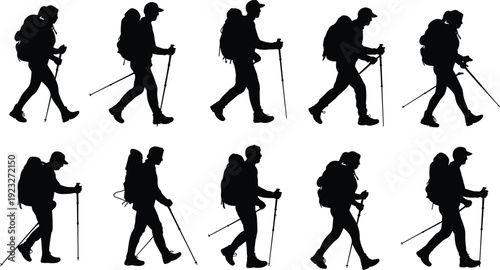 Hiking people silhouettes set with backpacks and trekking poles, walking poses, outdoor adventure, travel exploration, nature activity illustration