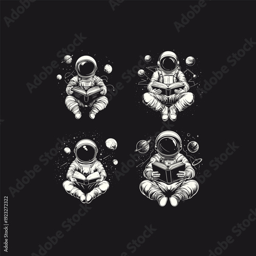 Collection of hand-drawn illustrations featuring astronauts sitting in space and reading books