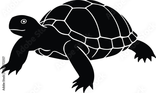 Turtle silhouette, black vector illustration of reptile with segmented shell and extended legs, stylized wildlife design for logo, artwork