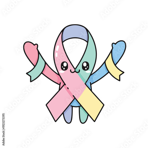 Cute cartoon ribbon character with colorful awareness ribbons