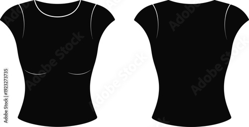 Black t-shirt mockup vector illustration with front and back view of female slim fit short sleeve top isolated on white background for apparel design