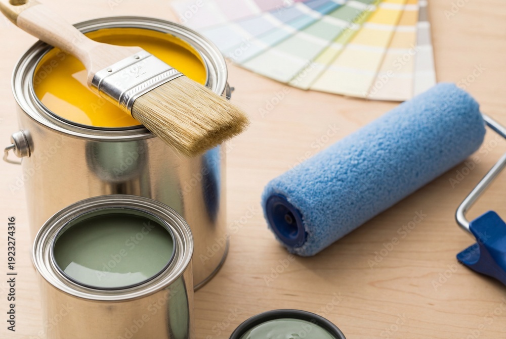 Naklejka premium Open cans of paint, brushes, roller, and color swatches on a light surface for renovation