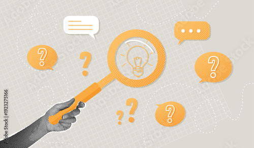 Searching for ideas and solutions. Trendy halftone collage. Concept of new ideas, analysis, decision-making, and risk management.