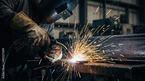 Welder welding steel beam in workshop