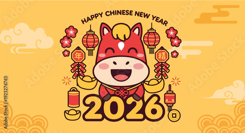 Happy Chinese New Year 2026 year of the horse vector illustration. Cute horse mascot with gold ingots and lanterns. Lunar New Year greeting card on yellow background.