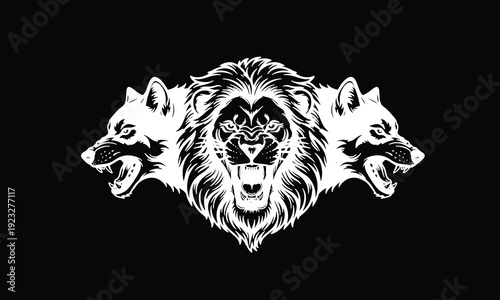 Fierce Lion and Twin Wolves Symmetrical White Vector Mascot Heraldic Crest Emblem