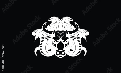 Mythical Bull Cobra and Raptor Bird Vector Emblem Symmetrical White on Black Crest