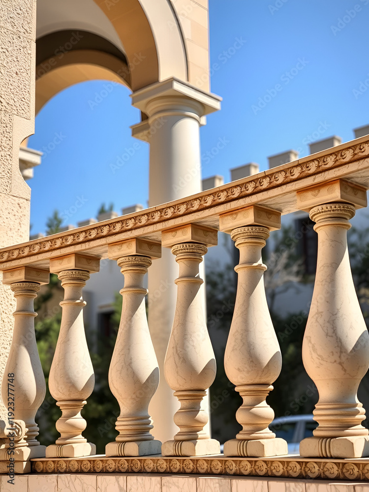 Fototapeta premium Stone balustrade with balusters for fencing and protection from falling. Palace of castle fence. Balcony handrail with marble pillars. Concept of decorative railing and architecture element.