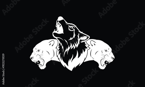 Howling Wolf and Roaring Panthers Tribal Vector Logo, Monochrome Wildlife Graphic