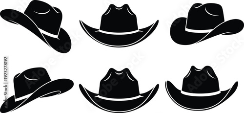 Set of six cowboy hat silhouettes in varied brim and crown styles, vector illustration for fashion, western culture, costume design themes