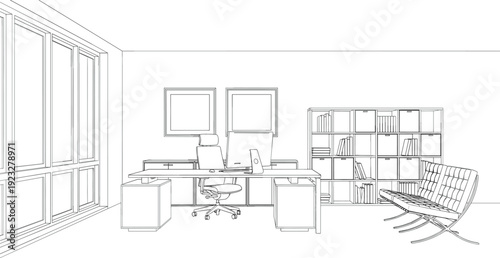 Architectural line drawing of an executive private office featuring a large desk lounge seating and shelving