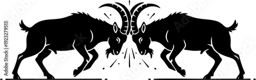 Two powerful goats butting heads in a silhouetted illustration, symbolizing strength and conflict