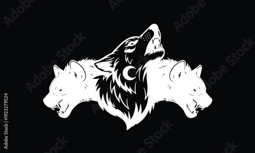Howling Wolf and Hyena Trio Vector Logo, Wild Predator Moon Emblem, Animal Mascot Design
