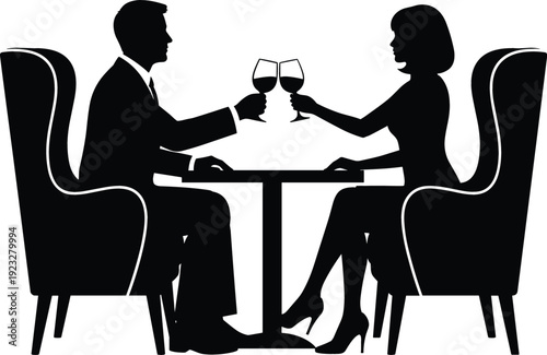Black silhouette of a couple having a romantic dinner and toasting with wine at a restaurant