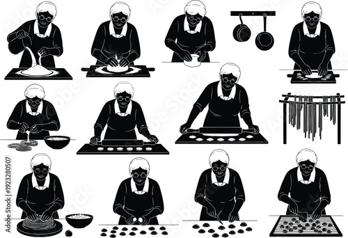 Silhouette of a grandmother making pasta, showing steps from kneading dough to cutting noodles and forming dumplings, detailed illustration