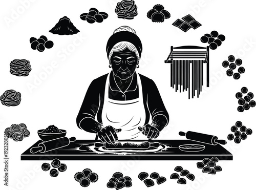 Elderly woman in apron making various types of Italian pasta surrounded by ingredients and tools, a celebration of culinary tradition