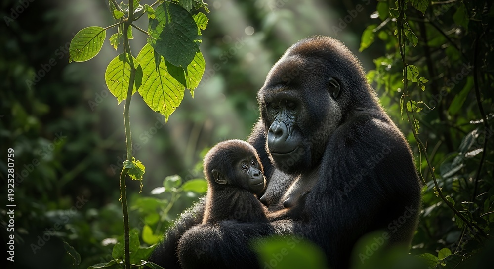 Obraz premium Gorilla Mother and Baby in Jungle.