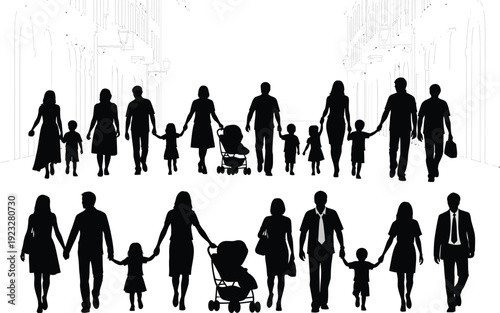 Silhouettes of families walking with children and strollers against an urban architectural background, representing community and city life