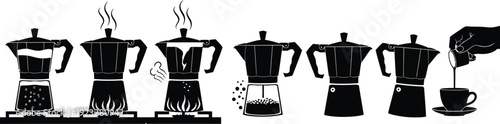 Sequence of a moka pot brewing delicious coffee on a stove, from initial heating to the final pour into a cup, capturing the aroma and steam.