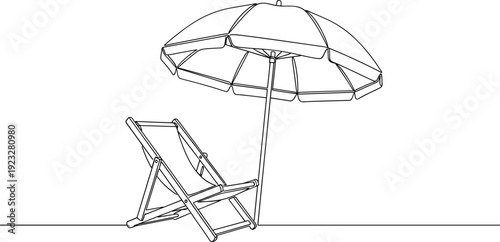 Continuous one line drawing of a beach chair and umbrella for summer vacation and relaxation concept
