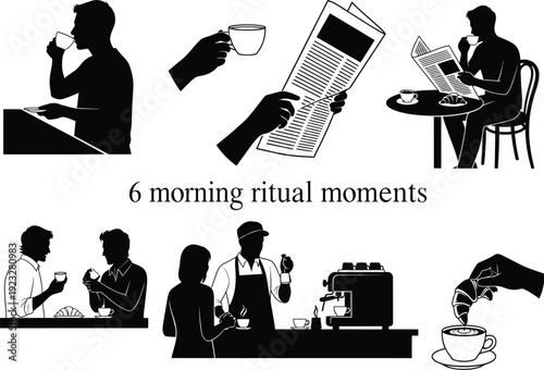 Set of six illustrations showing morning rituals involving coffee, from brewing and drinking to social moments and enjoying pastries.