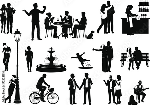 Diverse city life silhouettes: couples, friends, and individuals enjoying leisure activities, dining, and everyday moments in urban settings.