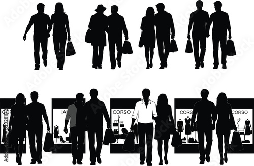 Silhouettes of people shopping in a city street, carrying shopping bags and walking past shop windows, representing consumer culture and urban commerce.