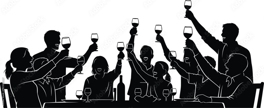 Fototapeta premium Celebration Silhouette: Diverse group of people toasting wine glasses at a table, symbolizing joy, success, and togetherness.