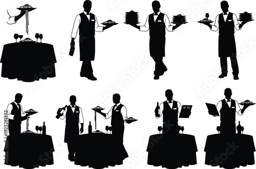 Silhouettes of waiters serving food and drinks, presenting menus, and attending to tables in a classic restaurant setting.