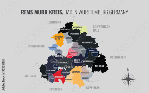A map showing Rems Murr Kreis BW Kreise into Gemeinden in a minimalist colorful style