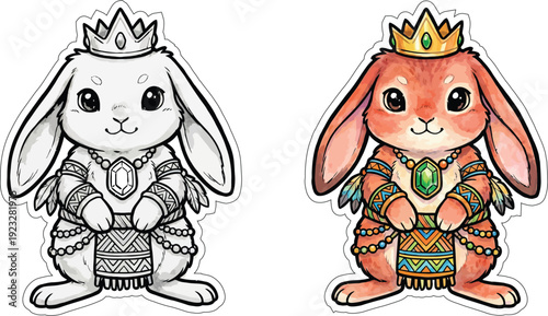 cute rabbit illustration, sticker print, color, black and white, coloring page.