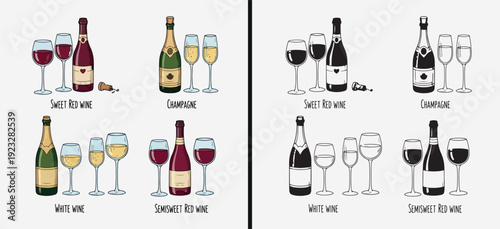 Wine Champagne Bottle Glass Set, Alcohol Beverage Vector Illustration, Red White Wine Clipart Design, Cocktail Party Drink Graphic, Bar Restaurant Menu Art, Celebration Toast Glass Pack, Premium Wine 