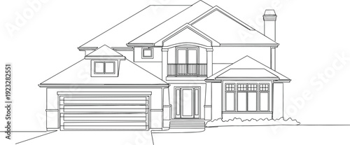 Continuous one line drawing of a modern two-story suburban house with a garage and chimney