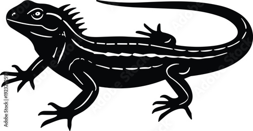 Lizard silhouette, black vector illustration of reptile with spiny crest, long tail, clawed toes, stylized wildlife design for logo, artwork
