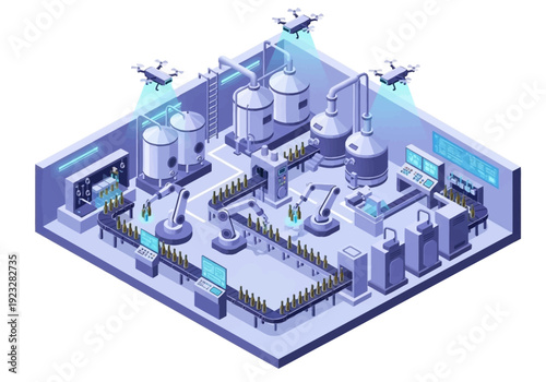 Isometric Illustration of Industrial Facility with Drones and Machinery in Operation