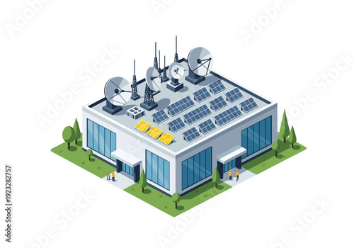 Isometric View of Modern Building with Solar Panels and Satellite Dishes on the Roof