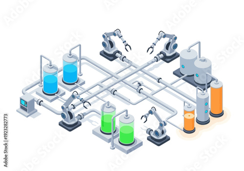 Industrial machinery setup with robotic arms and cylindrical containers in a manufacturing environment viewed from above