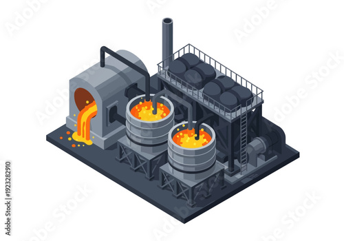 Industrial facility with molten metal processing, furnace, and storage tanks, viewed from above, showcasing industrial machinery and equipment