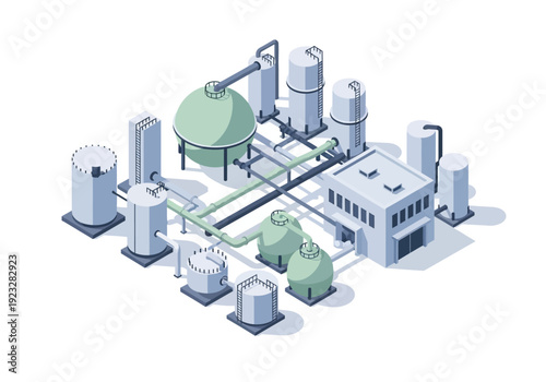 Isometric illustration of an industrial facility with machinery and storage tanks viewed from above
