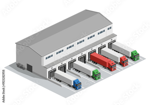Isometric illustration of a warehouse with trucks loading and unloading goods at various docks from an aerial viewpoint
