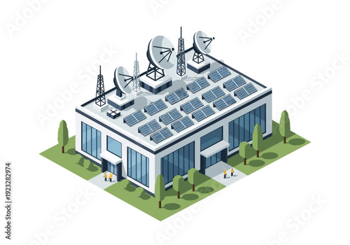 Isometric illustration of a modern building with solar panels and communication towers on the rooftop surrounded by trees