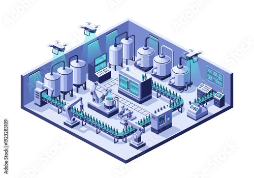 Industrial facility isometric view with machinery, drones, and monitoring systems in a high-tech environment