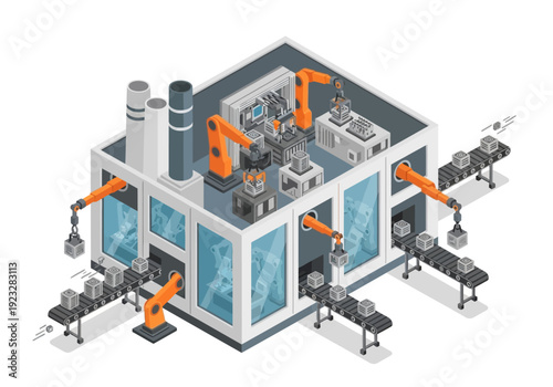 Industrial robotic arms operating in a modern automated factory setting, viewed from an isometric perspective, showcasing advanced manufacturing technology and machinery.