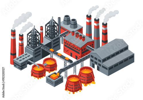 Industrial facility with smokestacks and furnaces in operation from an aerial viewpoint