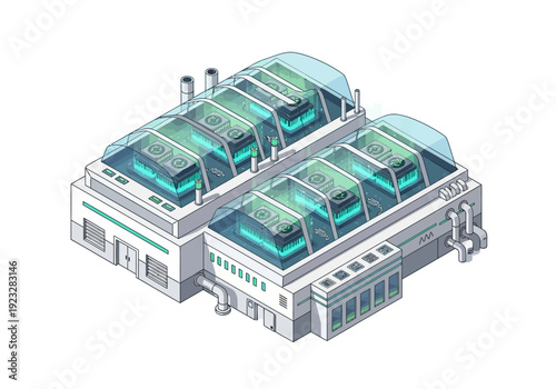 Isometric illustration of a futuristic factory with server rooms, technology, and innovation, viewed from above