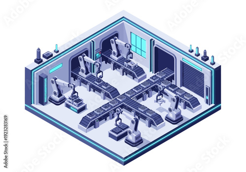 Isometric illustration of a modern office space with employees working at computers and collaborating in a well-lit environment from a top-down viewpoint